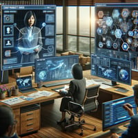 An office scene with a Chief Product Owner, a middle-aged Asian woman, at a desk surrounded by digital displays showing a detailed product roadmap. She is engaged in a discussion with a virtual team on one of the screens, illustrating a dynamic approach to product strategy development in a modern and well-lit office environment.