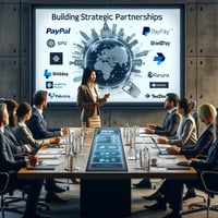 A modern corporate boardroom scene with a diverse group of executives watching a presentation by a middle-aged South Asian woman, the outsourced Chief Product Officer. She is discussing strategic partnerships, with a digital slideshow displaying logos of PayPal, ShieldPay, Klarna, and TecDoc, illustrating a focused and strategic planning session on global partnerships.