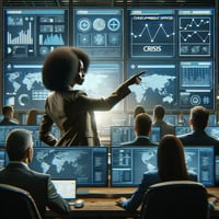 A modern corporate crisis management center with a diverse team led by an outsourced Chief Product Officer, a middle-aged Black woman, directing operations. The command center is equipped with multiple digital screens showing real-time data and crisis analytics. The CPO is actively engaged, pointing at a screen while strategizing with her team in a high-stakes environment.