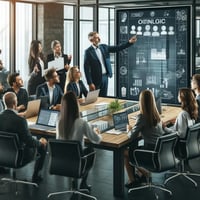 A modern corporate office with a diverse team of professionals led by an outsourced Chief Product Officer, a middle-aged Caucasian man, engaged in a collaborative strategy session. The team members, representing various departments like marketing, engineering, and design, are gathered around a large conference table with laptops and digital devices. The CPO is pointing to a digital screen displaying project goals and collaborative tools. The atmosphere is energetic and focused, illustrating effective cross-functional collaboration in product development.