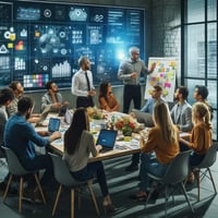 A modern corporate office with a diverse team led by an outsourced Chief Product Officer, a middle-aged Caucasian man, engaged in an innovation brainstorming session. Team members from various departments like marketing, engineering, and design are collaborating around a large table with sticky notes, laptops, and creative tools. Digital screens in the background display collaborative tools and ideas, illustrating a dynamic and focused environment fostering a culture of innovation.