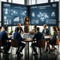 A modern corporate office featuring a diverse team led by an outsourced Chief Product Officer, a middle-aged African American woman, engaged in a strategic M&A integration session. The team, representing various departments such as engineering, marketing, and operations, is gathered around a large table with documents, laptops, and charts. Digital screens in the background display integration plans and progress metrics. The environment is professional and collaborative, highlighting the importance of successful mergers and acquisitions.