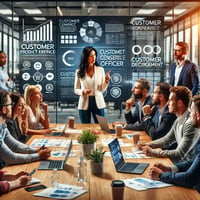 A modern corporate office with a diverse team led by an outsourced Chief Product Officer, a middle-aged Latina woman, engaged in a strategy session focused on customer experience and product management. The team, representing various departments such as marketing, engineering, and customer support, is gathered around a large table with laptops, charts, and notes. Digital screens in the background display customer feedback and analytics. The environment is dynamic and collaborative, highlighting the integration of customer experience in product management.