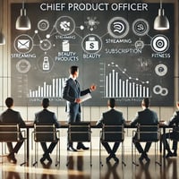 A professional business setting featuring a Chief Product Officer (CPO) leading a team in a conference room. A modern board with charts and graphs related to subscription models is behind the CPO, focusing on leadership and strategy for driving recurring revenue. Icons for subscription services such as streaming, beauty, and fitness subtly complement the design.