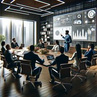 A diverse group of business professionals in a strategic meeting led by a Chief Product Owner, who is pointing at digital displays showing project timelines in a modern office setting. The atmosphere is collaborative, with team members actively engaged and taking notes.