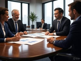 A vibrant office scene with a Product Owner, Product Manager, and Chief Product Officer brainstorming around a product roadmap whiteboard.