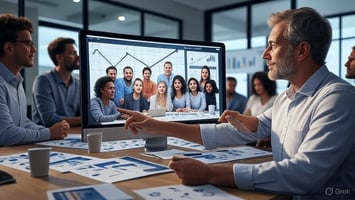 Remote outsourced product manager on a video call guiding an SME team around a conference table with product roadmap printouts and growth charts in a modern office.