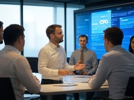 A professional office setting where a Chief Product Officer (CPO) is leading a strategic meeting, presenting a product roadmap on a digital screen while executives and team members listen attentively.