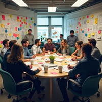 A chaotic office setting depicting a development team without a Product Owner or Product Manager. Developers are seen intensely debating around a table with no clear consensus, while stakeholders crowd the team with conflicting ideas and demands. The environment is cluttered with charts and sticky notes, symbolizing confusion, lack of focus, and overwhelming pressure.