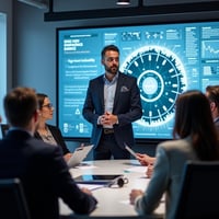 A modern business setting where a Chief Product Officer (CPO) is leading a strategy session focused on future-proofing products. The CPO stands near a digital board displaying charts and trends, guiding a diverse team. Visuals include concepts of product scalability, customer feedback, and technology advancements, symbolizing proactive planning for market changes.