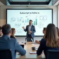 A professional business setting featuring a Chief Product Officer (CPO) leading a team in a conference room. A modern board with charts and graphs related to subscription models is behind the CPO, focusing on leadership and strategy for driving recurring revenue. Icons for subscription services such as streaming, beauty, and fitness subtly complement the design.