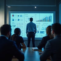 A modern corporate setting showcasing a Chief Product Officer (CPO) leading a diverse team. The scene includes a digital board displaying strategic product roadmaps, collaboration charts, and growth metrics. The environment reflects innovation, leadership, and teamwork, highlighting the strategic importance of the CPO role in driving business success.