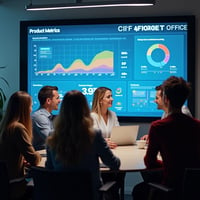 A professional office setting where a Chief Product Officer (CPO) is analyzing product metrics with a team. A digital dashboard displays key metrics such as customer satisfaction, retention rates, and revenue growth. The atmosphere is collaborative and focused, emphasizing the importance of data-driven decision-making to measure and improve product success.