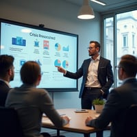 A professional setting showing a Chief Product Officer (CPO) leading a crisis management meeting. The CPO is presenting in front of a large board displaying charts and crisis response strategies, guiding the team through the situation. The room has a serious, collaborative atmosphere, focusing on leadership and quick decision-making during a company crisis.