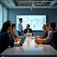 A professional office setting featuring a Chief Product Officer (CPO) leading a collaborative cross-functional team meeting. Representatives from engineering, marketing, and customer support are gathered around a table, discussing a unified product roadmap displayed on a digital board. The atmosphere highlights teamwork, alignment, and the CPO’s role in fostering communication and strategic coordination.