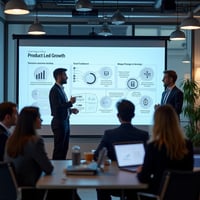 A modern corporate setting featuring a Chief Product Officer (CPO) leading a team discussion on product-led growth (PLG). A digital board shows charts and diagrams related to user engagement, freemium models, and customer retention metrics. The diverse team is actively engaged, highlighting collaboration and innovation in aligning product strategy with business growth goals.