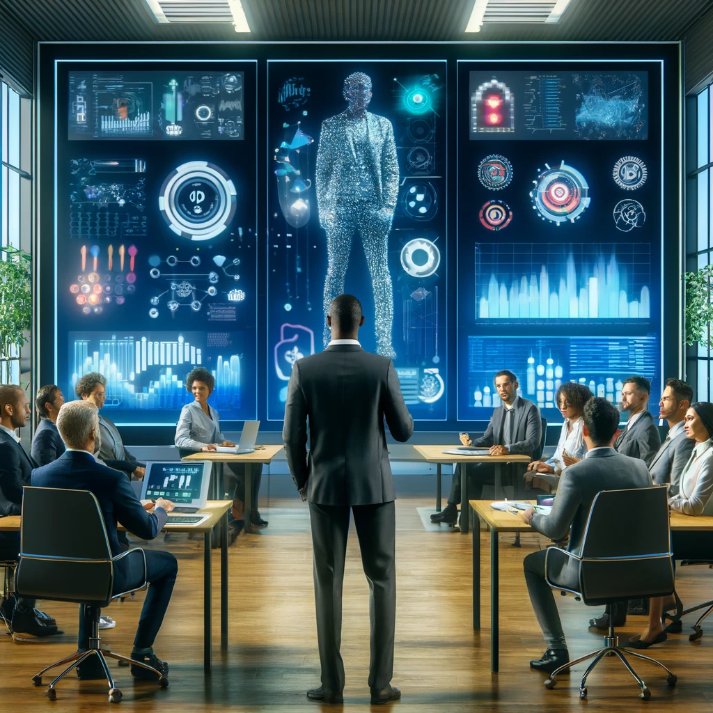 A modern corporate office with a Chief Product Owner leading a digital transformation workshop. The office is equipped with digital screens displaying analytics and AI interfaces. The CPO, a middle-aged African American man, is engaging with a diverse team of executives and technologists, showcasing a shift towards innovative digital business processes.