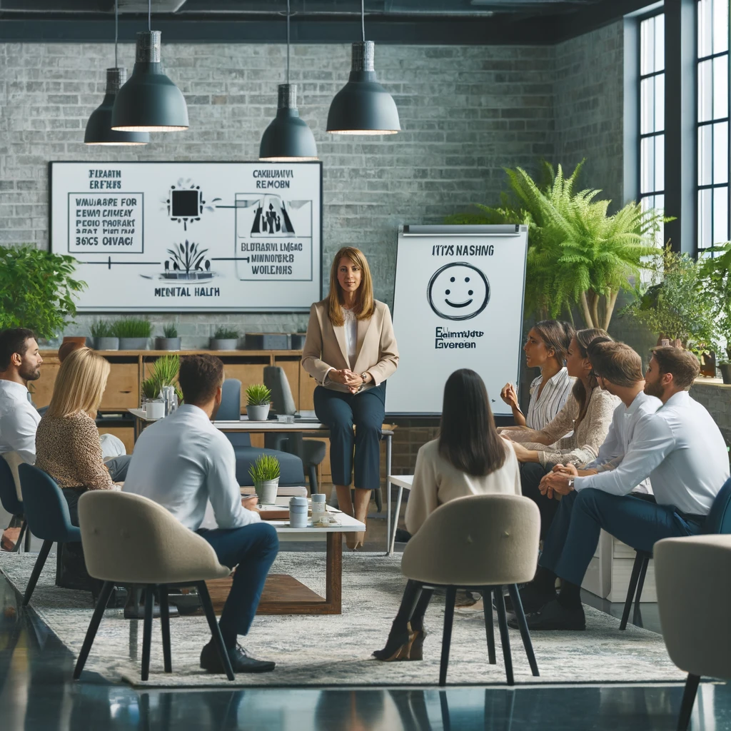 A modern office workshop led by a middle-aged Hispanic Chief Product Owner discussing employee engagement and well-being. The office is lively, with diverse professionals seated around, plants adding greenery, and mental health posters on the walls. A whiteboard lists strategies for enhancing team dynamics and inclusivity.