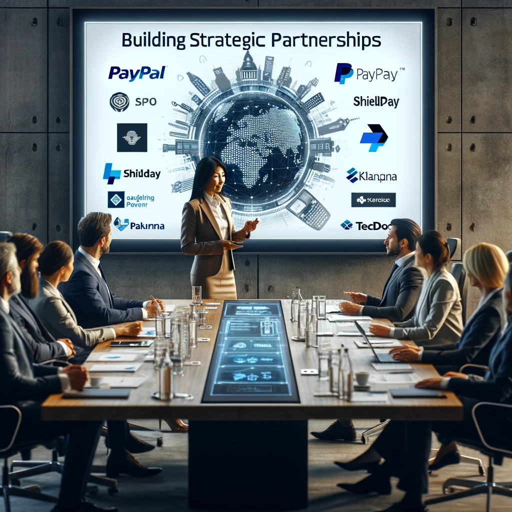 A modern corporate boardroom scene with a diverse group of executives watching a presentation by a middle-aged South Asian woman, the outsourced Chief Product Officer. She is discussing strategic partnerships, with a digital slideshow displaying logos of PayPal, ShieldPay, Klarna, and TecDoc, illustrating a focused and strategic planning session on global partnerships.