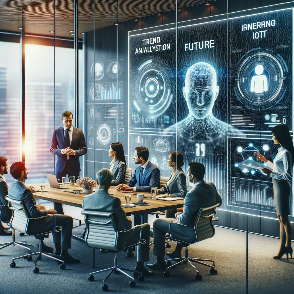 A modern corporate strategy room where a diverse group of executives, led by an outsourced Chief Product Officer, a middle-aged Caucasian man, is involved in a future-planning session. The digital displays around them show trend analyses and emerging technologies like AI and IoT, emphasizing the strategic and forward-thinking approach necessary for anticipating future market changes.