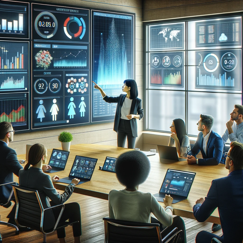 A modern corporate office with a diverse team led by an outsourced Chief Product Officer, a middle-aged Asian woman, engaged in a data-driven strategy session. Digital screens display various analytics dashboards showing customer behavior data, market trends, and product performance metrics. The atmosphere is collaborative and focused, highlighting the integration of data analytics in product management.