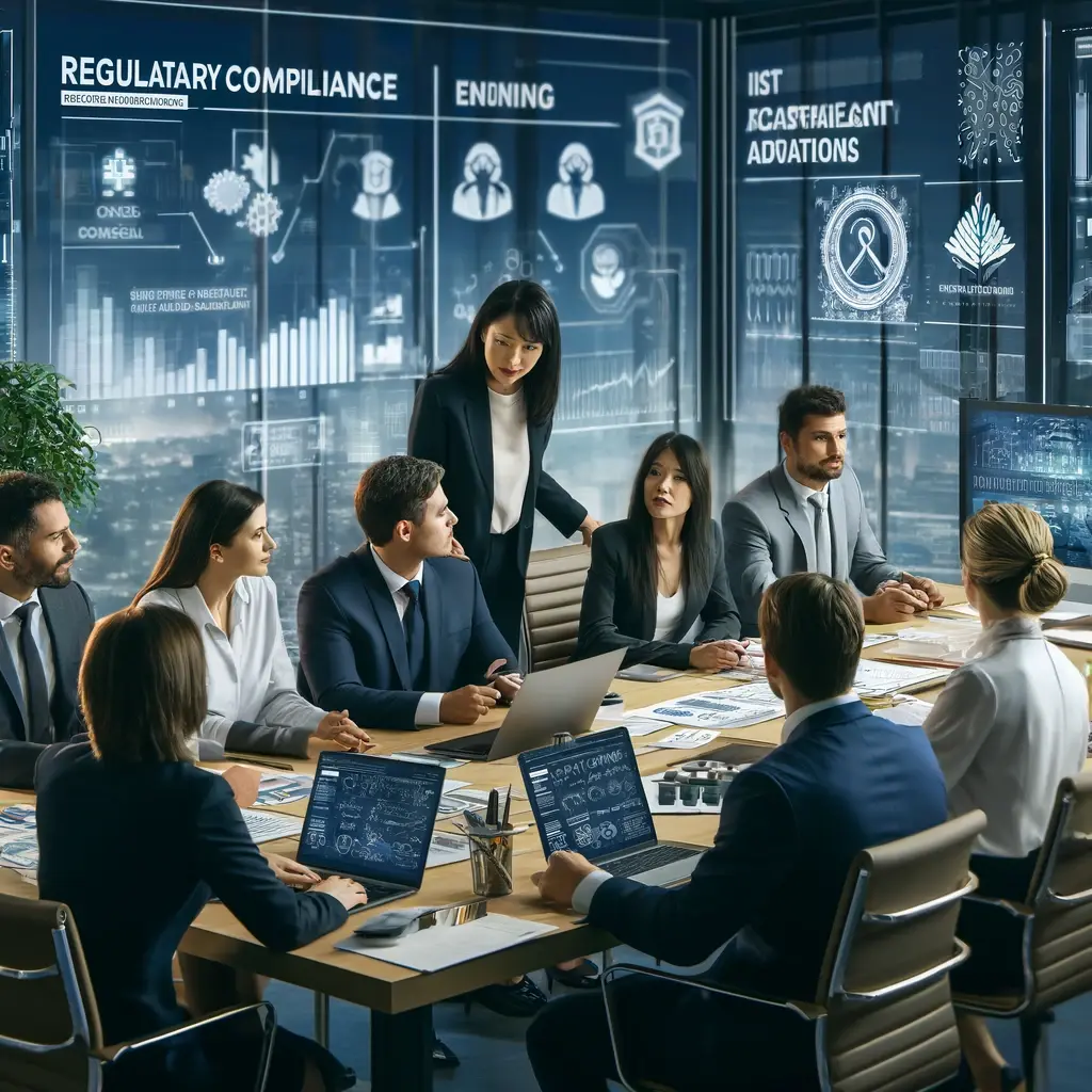 A modern corporate office with a diverse team led by an outsourced Chief Product Officer, a middle-aged Asian woman, engaged in a regulatory compliance strategy session. Team members from various departments such as legal, engineering, and marketing are gathered around a large table with compliance documents, laptops, and charts. Digital screens in the background display risk assessment tools and compliance checklists, highlighting the importance of compliance and risk management in product development.