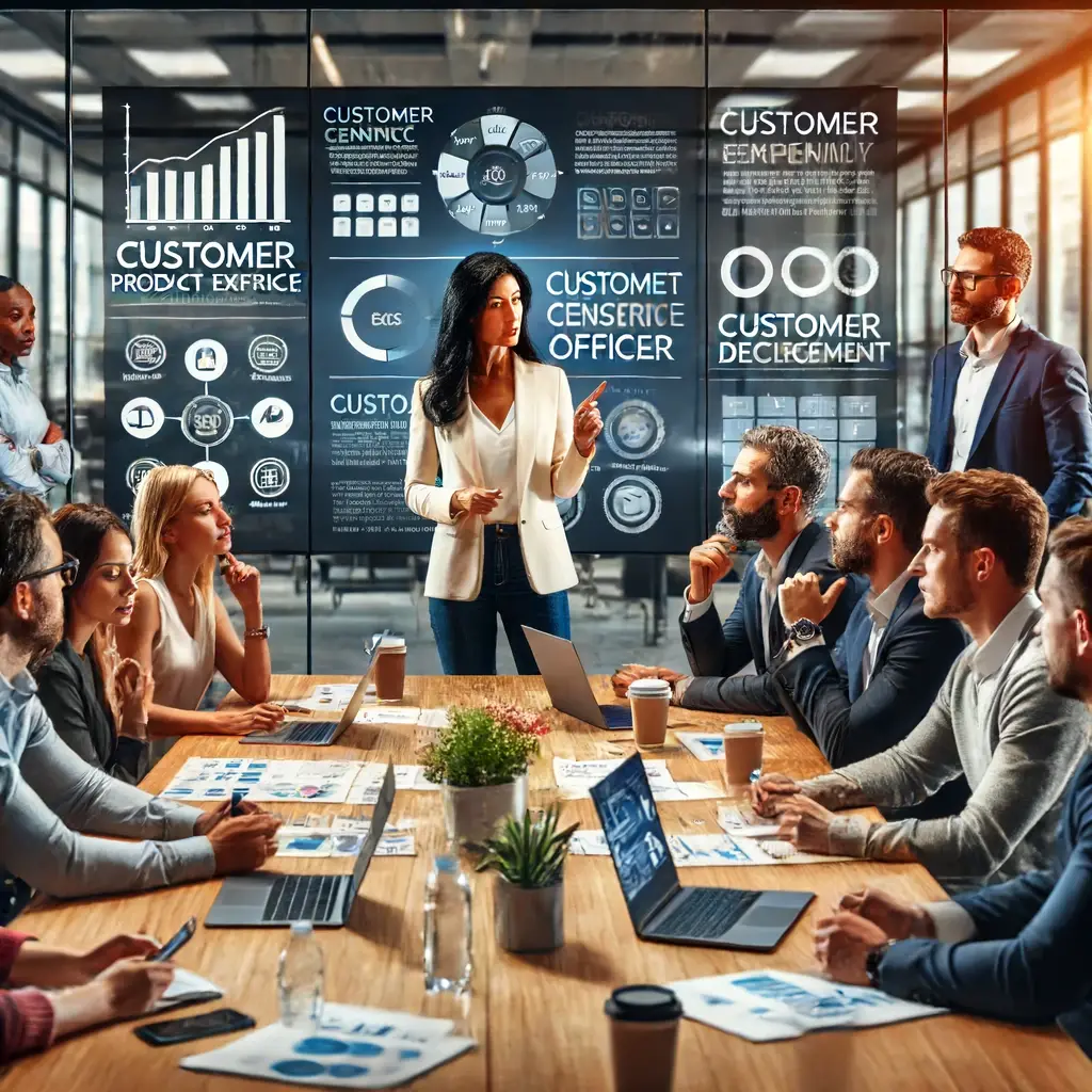 A modern corporate office with a diverse team led by an outsourced Chief Product Officer, a middle-aged Latina woman, engaged in a strategy session focused on customer experience and product management. The team, representing various departments such as marketing, engineering, and customer support, is gathered around a large table with laptops, charts, and notes. Digital screens in the background display customer feedback and analytics. The environment is dynamic and collaborative, highlighting the integration of customer experience in product management.