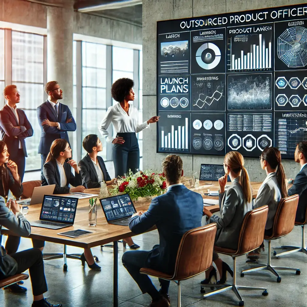 A modern corporate office setting featuring a diverse team led by an outsourced Chief Product Officer, a middle-aged African American woman, engaged in a strategy session for a product launch. The team, representing various departments such as marketing, engineering, and sales, is gathered around a large table with laptops, charts, and notes. Digital screens in the background display launch plans, performance metrics, and marketing strategies. The atmosphere is dynamic and focused, highlighting the importance of a successful product launch.