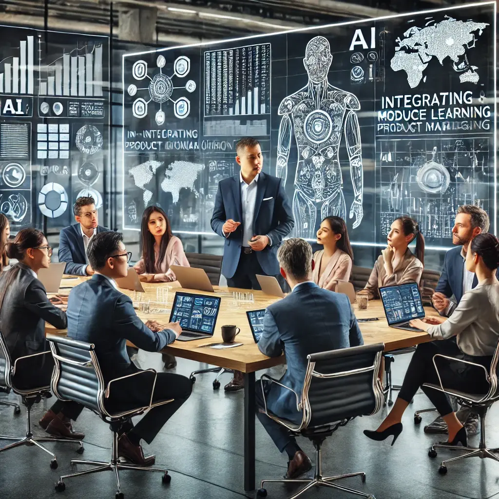 A modern corporate office setting featuring a diverse team led by an outsourced Chief Product Officer, a middle-aged Asian man, engaged in a strategy session focused on integrating AI and Machine Learning into product management. The team, representing various departments such as engineering, marketing, and data science, is gathered around a large table with laptops, charts, and notes. Digital screens in the background display data analytics and AI models. The atmosphere is dynamic and collaborative, highlighting innovation and technological integration.