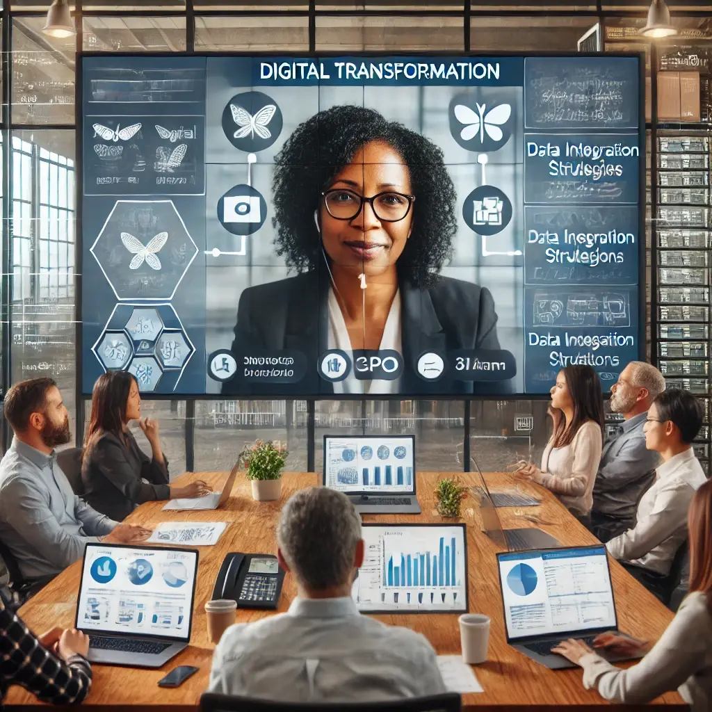 A remote work setting featuring a diverse team engaged in a virtual strategy session on digital transformation, led by an outsourced Chief Product Officer. The screen shows a conference call with multiple team members working from different locations. The CPO, a middle-aged African American woman, is prominently displayed on the screen, guiding the discussion on integrating modern digital solutions with legacy systems. Various digital tools and project management software are visible, highlighting data integration strategies and migration plans. The atmosphere is collaborative and solution-focused, emphasizing remote teamwork in bridging legacy and new technologies.