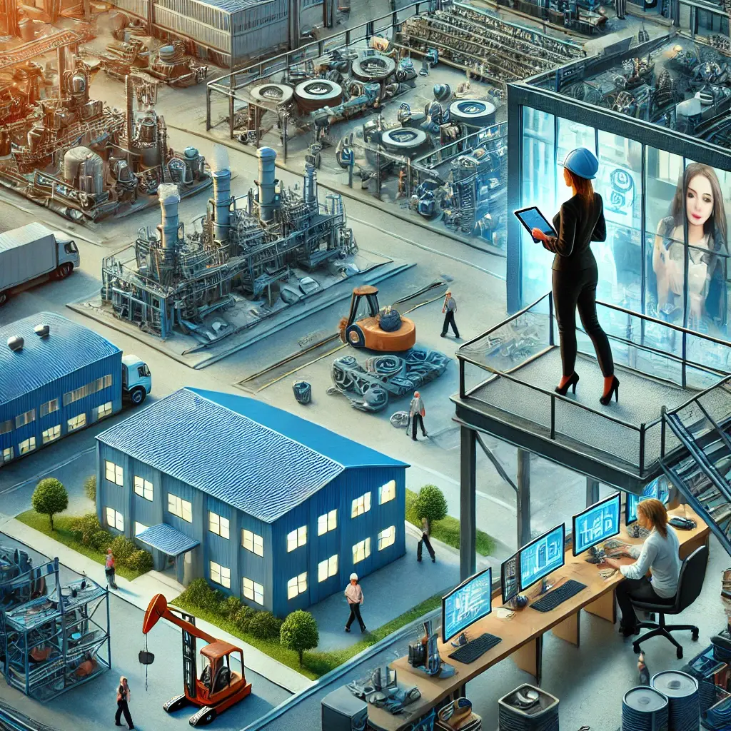 An outdoor industrial scene showing a Chief Product Officer, a middle-aged woman with a tablet in hand, overseeing different types of businesses. She stands on a platform or raised area, looking over a manufacturing plant, a warehouse, and a beauty clinic. The manufacturing plant is active with workers and machines in motion, the warehouse is bustling with logistics activity, and the beauty clinic has clients receiving treatments. The scene highlights the diverse application of the CPO's role outside the office environment, showcasing innovation and leadership in multiple industries.