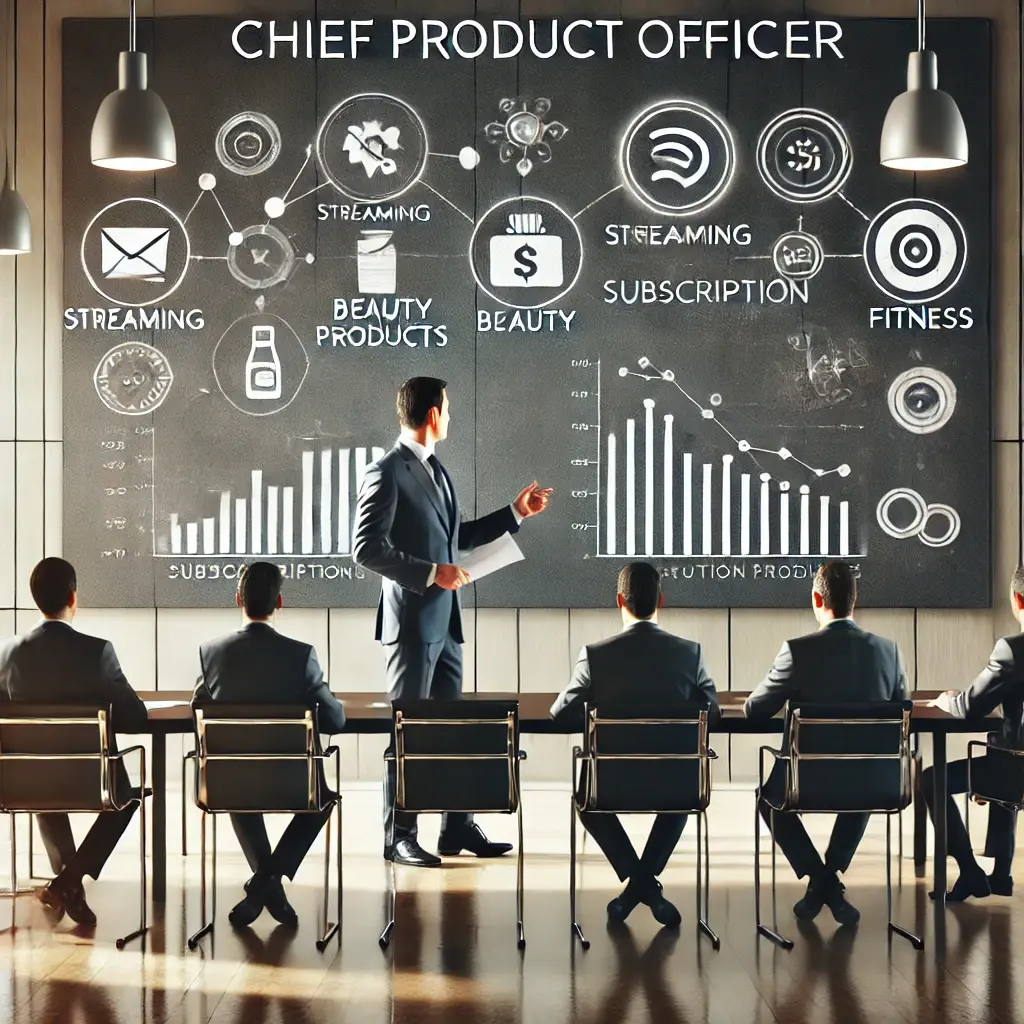 A professional business setting featuring a Chief Product Officer (CPO) leading a team in a conference room. A modern board with charts and graphs related to subscription models is behind the CPO, focusing on leadership and strategy for driving recurring revenue. Icons for subscription services such as streaming, beauty, and fitness subtly complement the design.