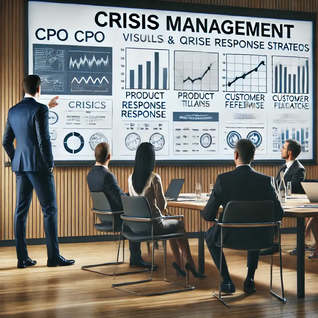 A professional setting showing a Chief Product Officer (CPO) leading a crisis management meeting. The CPO is presenting in front of a large board displaying charts and crisis response strategies, guiding the team through the situation. The room has a serious, collaborative atmosphere, focusing on leadership and quick decision-making during a company crisis.