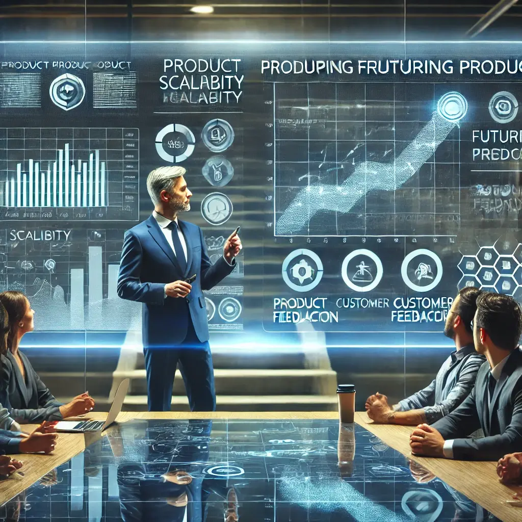 A modern business setting where a Chief Product Officer (CPO) is leading a strategy session focused on future-proofing products. The CPO stands near a digital board displaying charts and trends, guiding a diverse team. Visuals include concepts of product scalability, customer feedback, and technology advancements, symbolizing proactive planning for market changes.