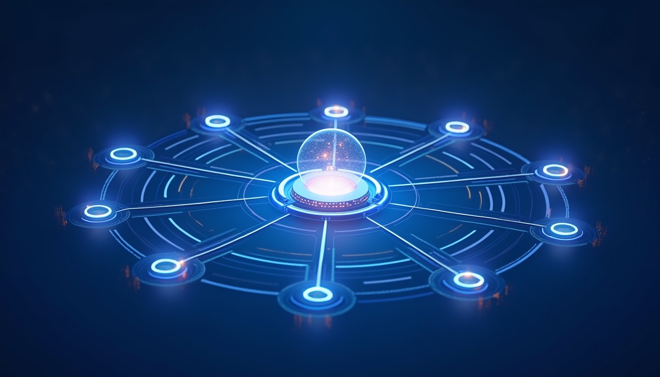 Digital illustration of OmniLaunchpad as a central hub connected to multiple glowing AI agents, representing a growing marketplace of specialised AI tools.