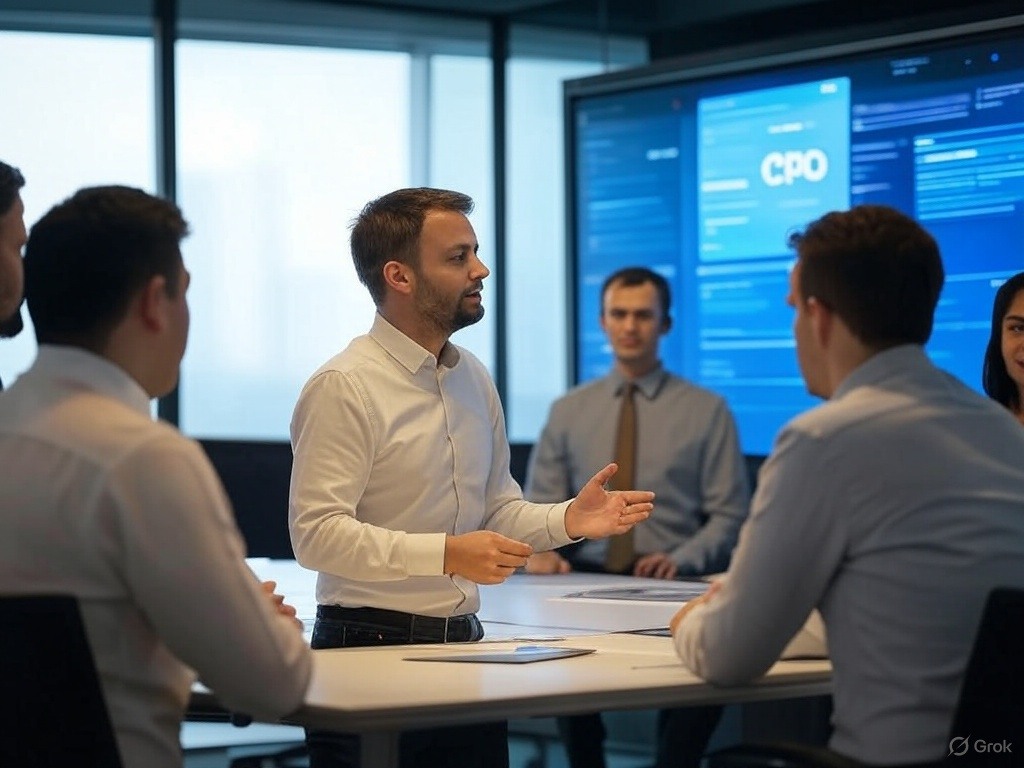 A professional office setting where a Chief Product Officer (CPO) is leading a strategic meeting, presenting a product roadmap on a digital screen while executives and team members listen attentively.