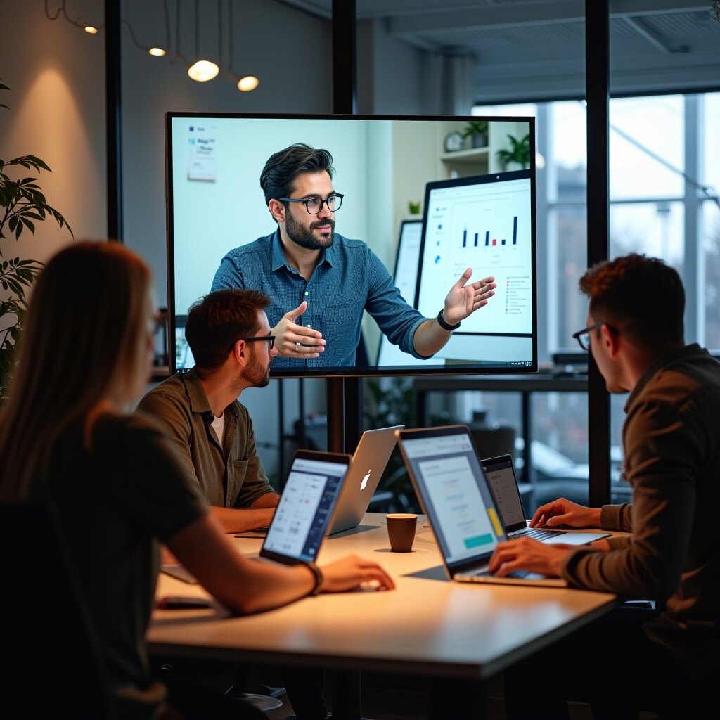 A modern remote work setting showing a Chief Product Officer (CPO) leading a virtual meeting with a team. The CPO appears on a screen, guiding team members working from home or other remote locations. The setup includes laptops, digital communication tools, and a collaborative project management interface, capturing a remote-first culture focused on teamwork and productivity in product development.