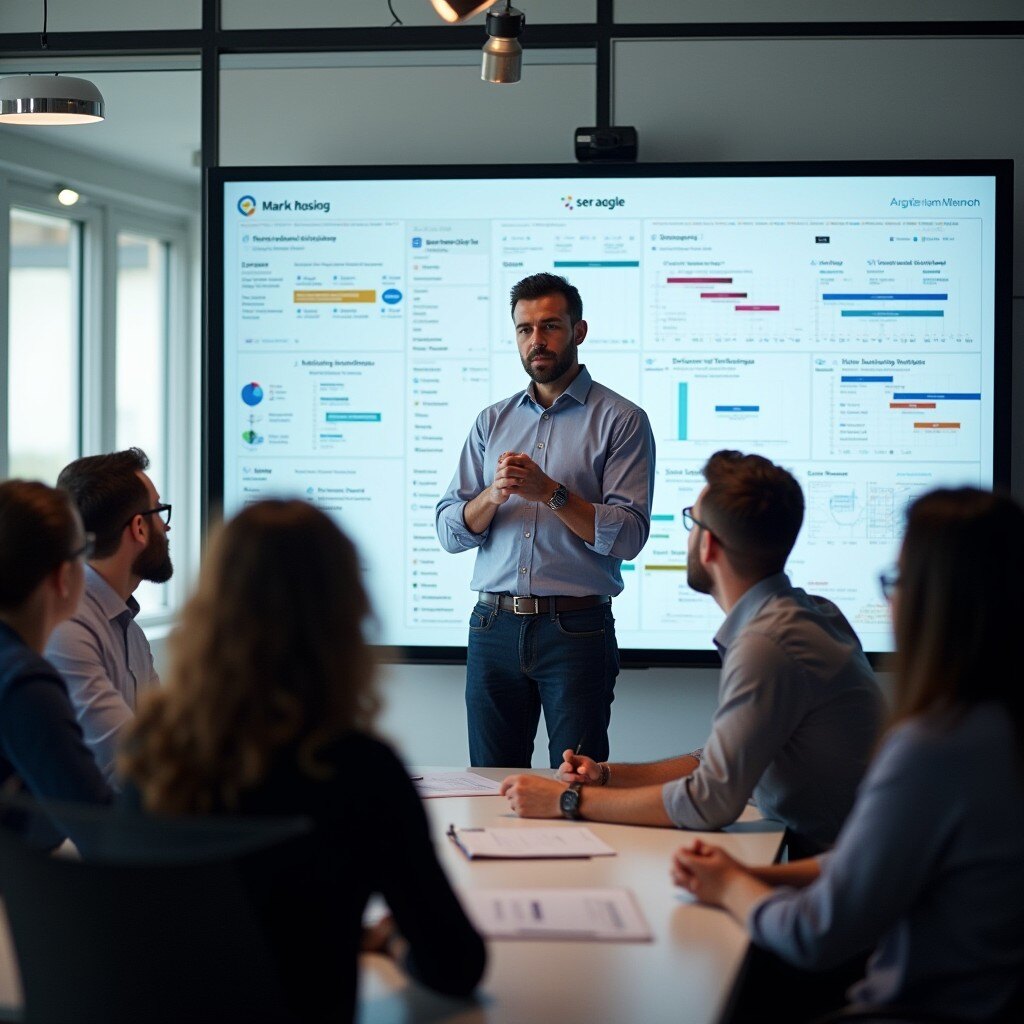 A professional office setting where a Chief Product Officer (CPO) is leading an agile product development team meeting. A diverse team of developers, designers, and marketers is gathered around a digital board displaying agile sprint plans, product backlog items, and task workflows. The scene reflects collaboration, flexibility, and strategic planning, with team members actively discussing and aligning tasks under the CPO's guidance.