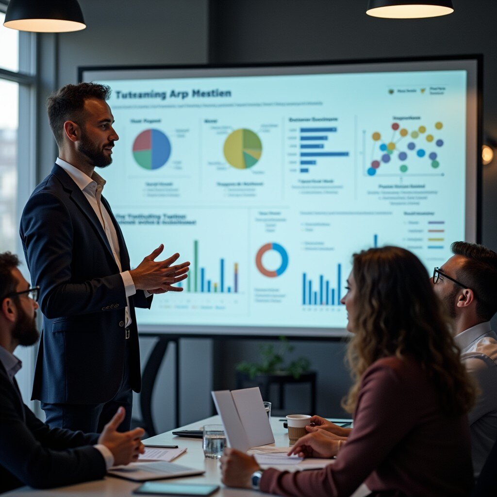 A professional business setting where a Chief Product Officer (CPO) is leading a discussion on building brand loyalty through product development. A digital board displays customer satisfaction charts, loyalty metrics, and user feedback loops. A diverse team collaborates, reflecting on strategies to align product features with customer needs, emphasizing trust, innovation, and consistent value creation.