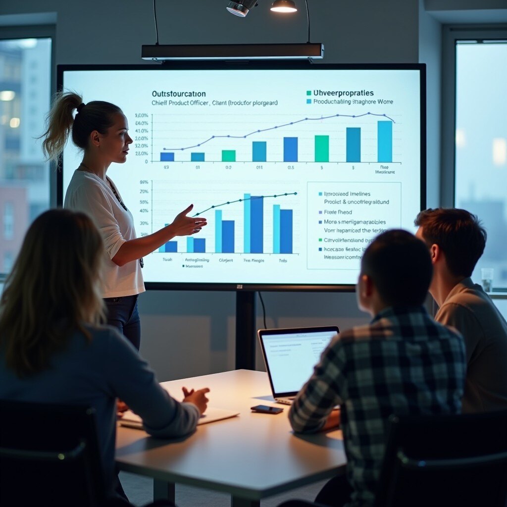 A professional office setting where a Chief Product Officer (CPO) is leading a product strategy discussion with a diverse team. A digital board displays charts showcasing improved product timelines, increased revenue growth, and streamlined workflows, emphasizing the ROI of outsourcing the CPO role. The atmosphere reflects collaboration, innovation, and measurable success.