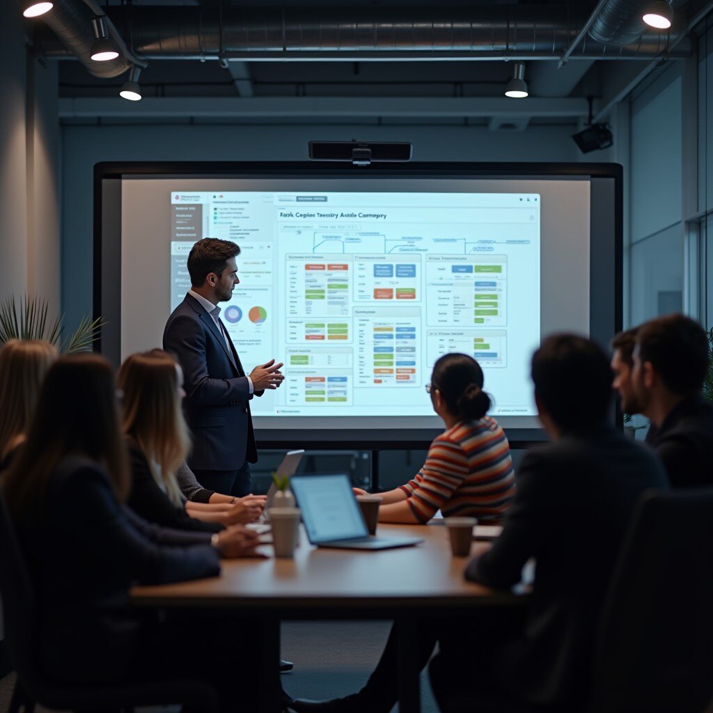 A professional office setting showcasing a Chief Product Officer (CPO) leading a structured team meeting. A digital board displays organized JIRA-like task flows, team scaling progress charts, and a roadmap for product development. The diverse and focused team reflects collaboration and strategic leadership, emphasizing the transformation from chaos to order and success.