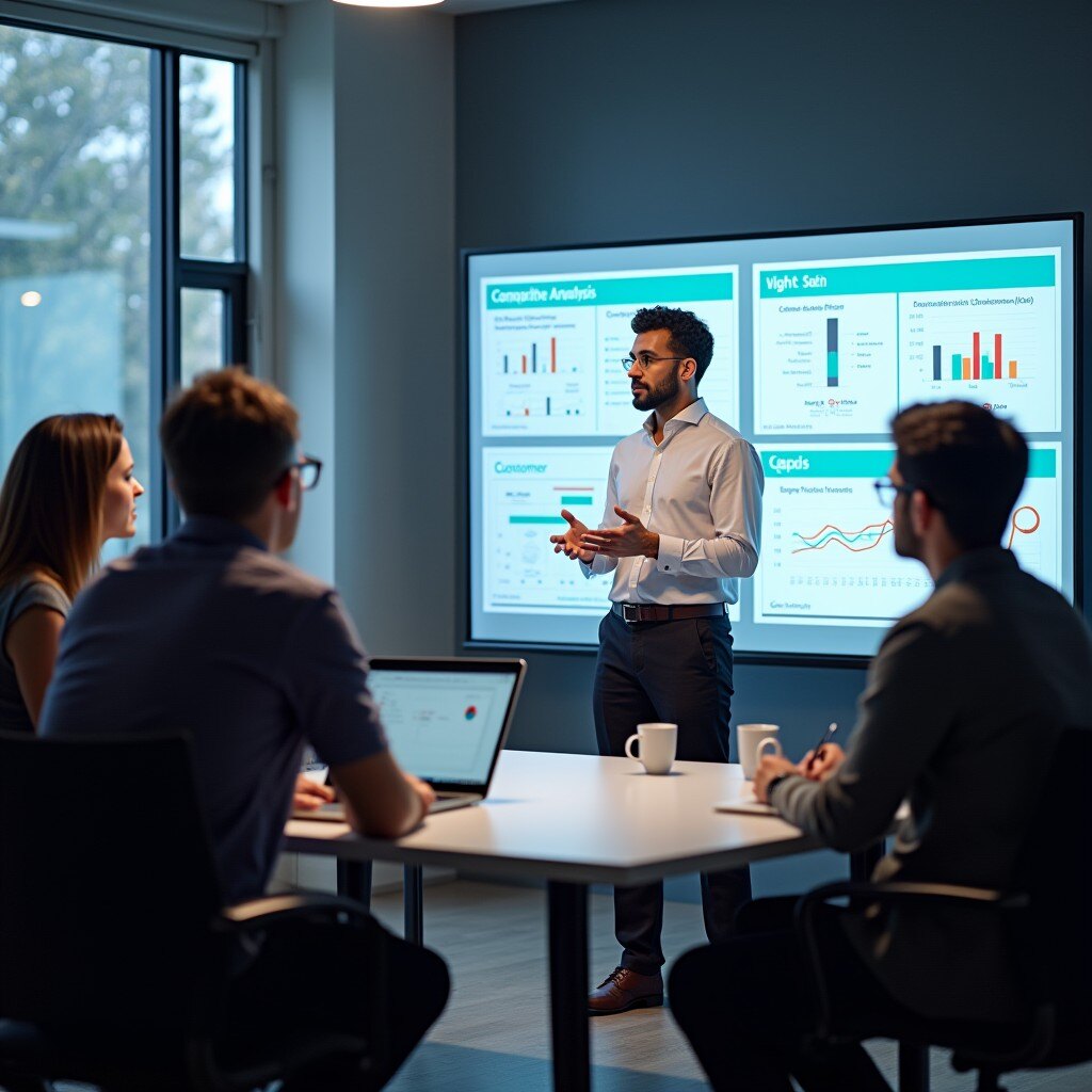 A professional business setting featuring a Chief Product Officer (CPO) leading a competitive analysis discussion with a diverse team. A digital board displays competitor product features, market gaps, and customer feedback trends. The atmosphere reflects collaboration, innovation, and strategic planning to identify opportunities for differentiation and product innovation.